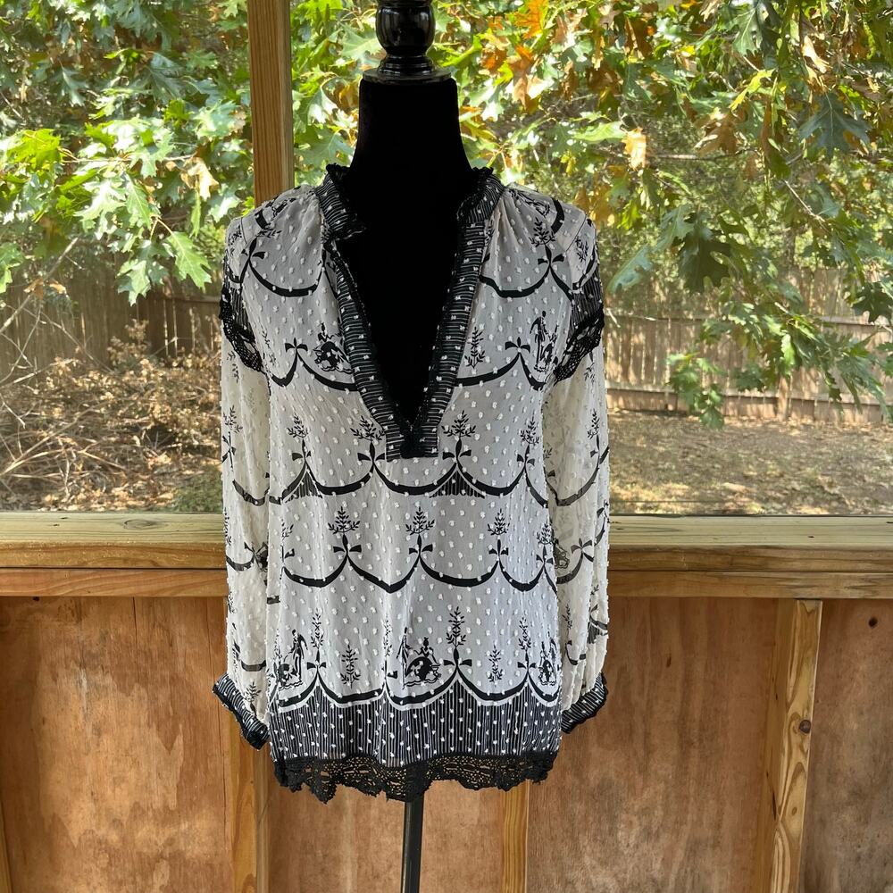 Anna Sui Women's Vintage Y2K White & Black Cilp Dot Blouse Size P
